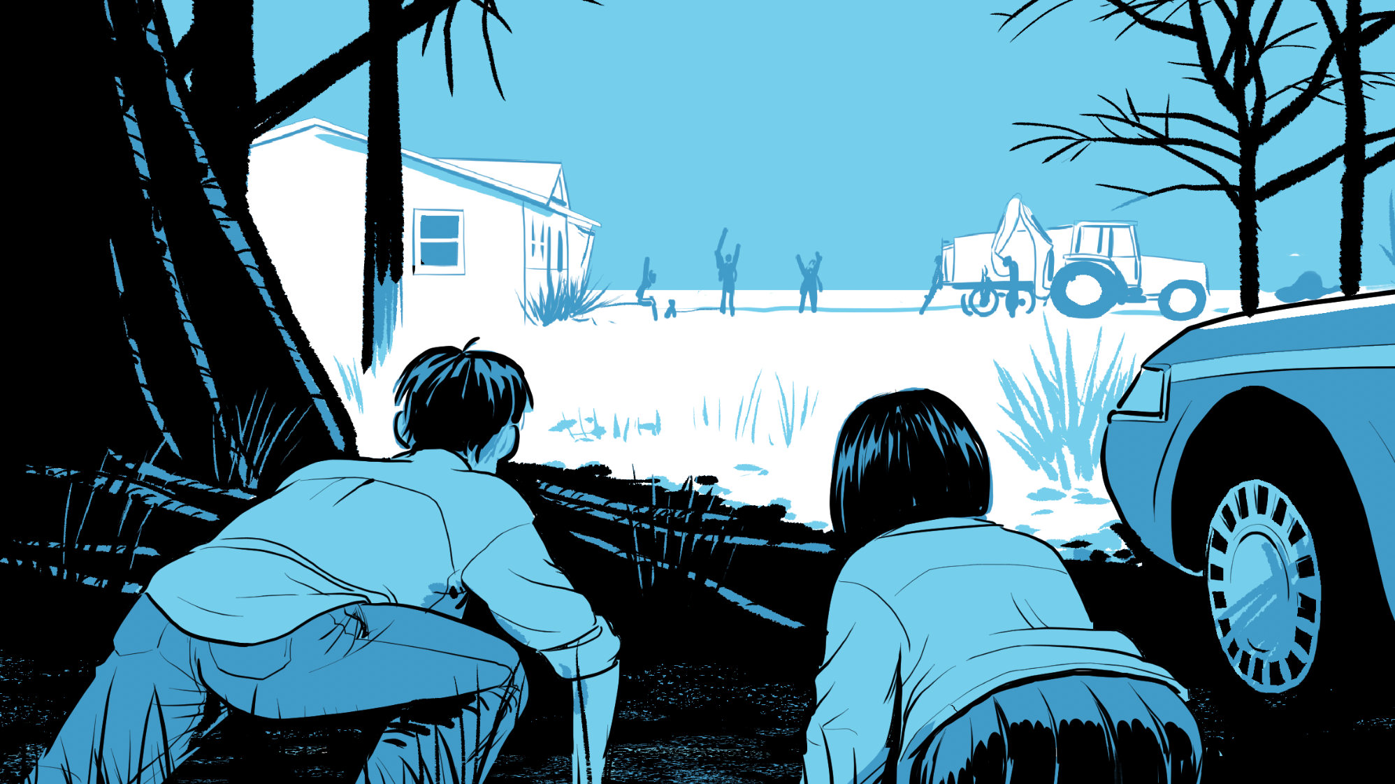 Blue-toned illustration: two teenagers crouch behind cover, watching silhouetted people celebrate near a house and a backhoe across an open field.