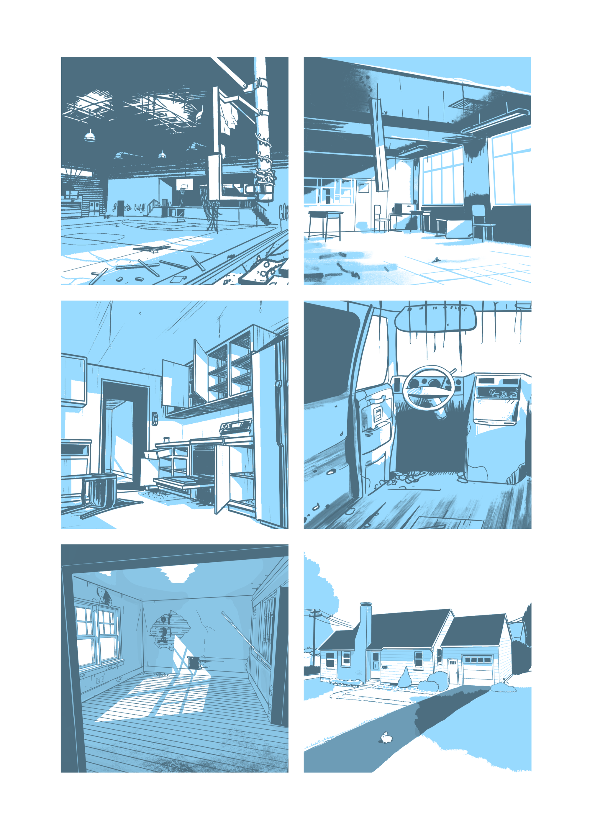 Six back covers from the original Incredible Doom mini-comic run, each showing a location from the story rotting away — the gym, the homeroom, Samir's kitchen, the salvage van, Richards' living room, Allison's house. I put this together in 2022 and then just... never did anything with it. Found it during today's 10 minutes.