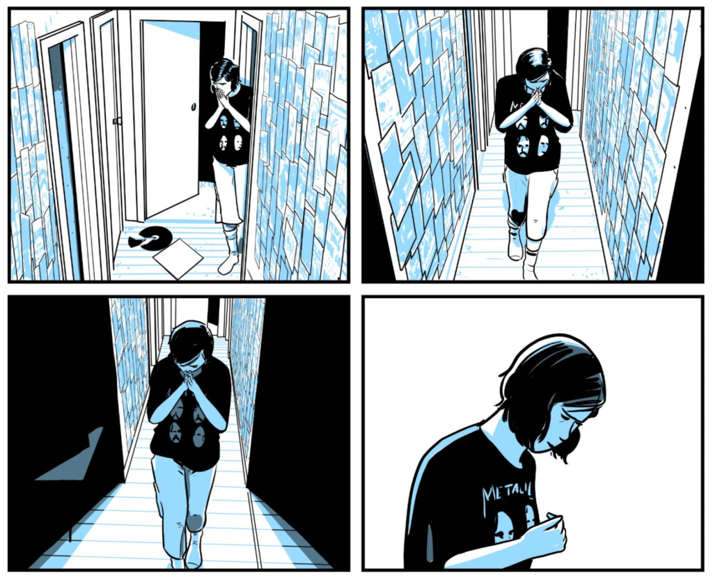 Tina, from the comic "Incredible Doom", but with shorter hair than ewe's seen her previously, slowly walks down a hallway lined want rock show posters. 
