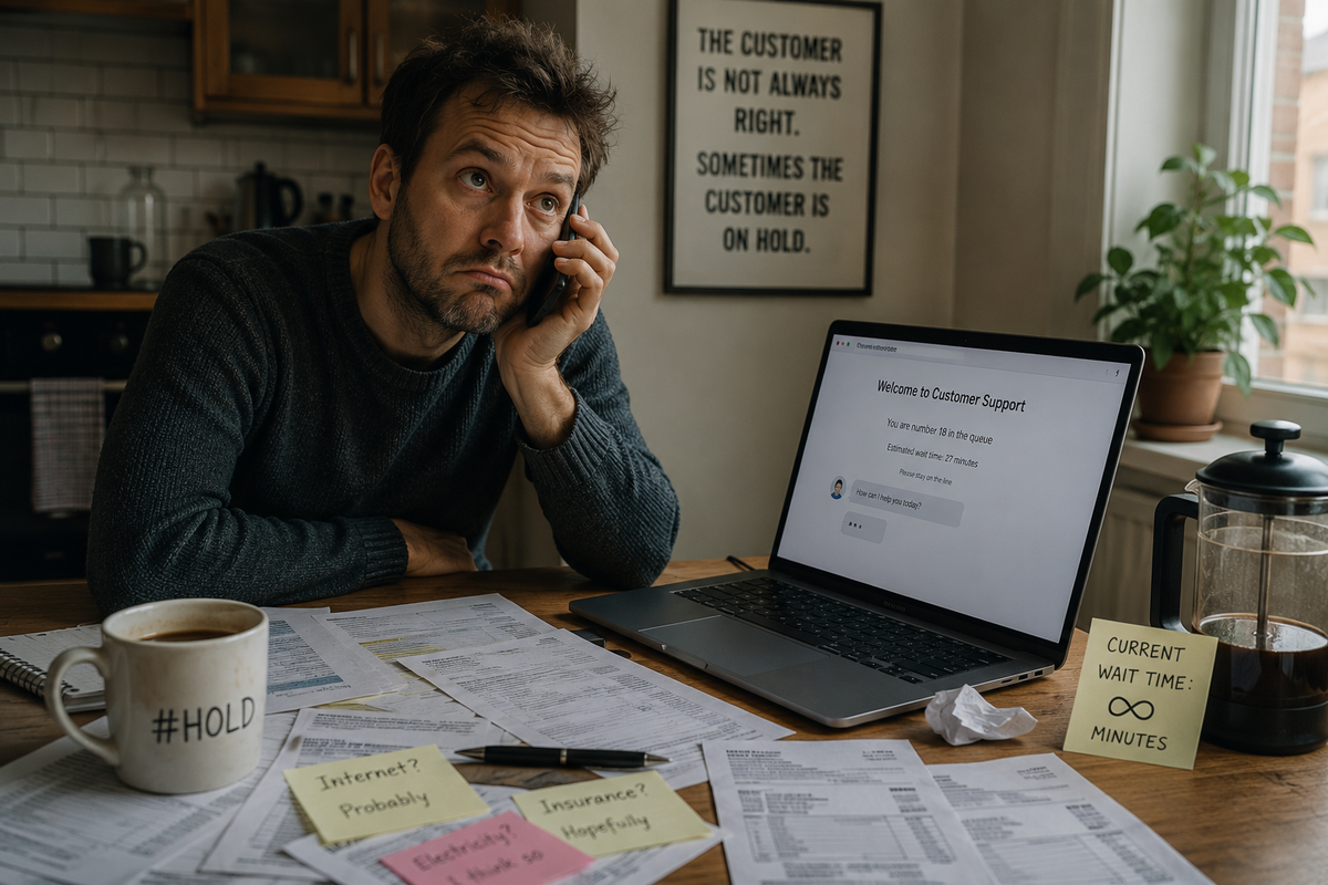 A frustrated person sits at a kitchen table surrounded by paperwork while waiting on hold with customer service.