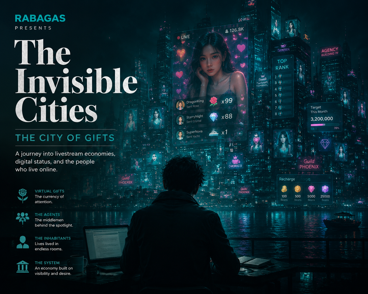 A dark turquoise cyberpunk-style digital city representing a livestream economy, with virtual gifts, online profiles, rankings