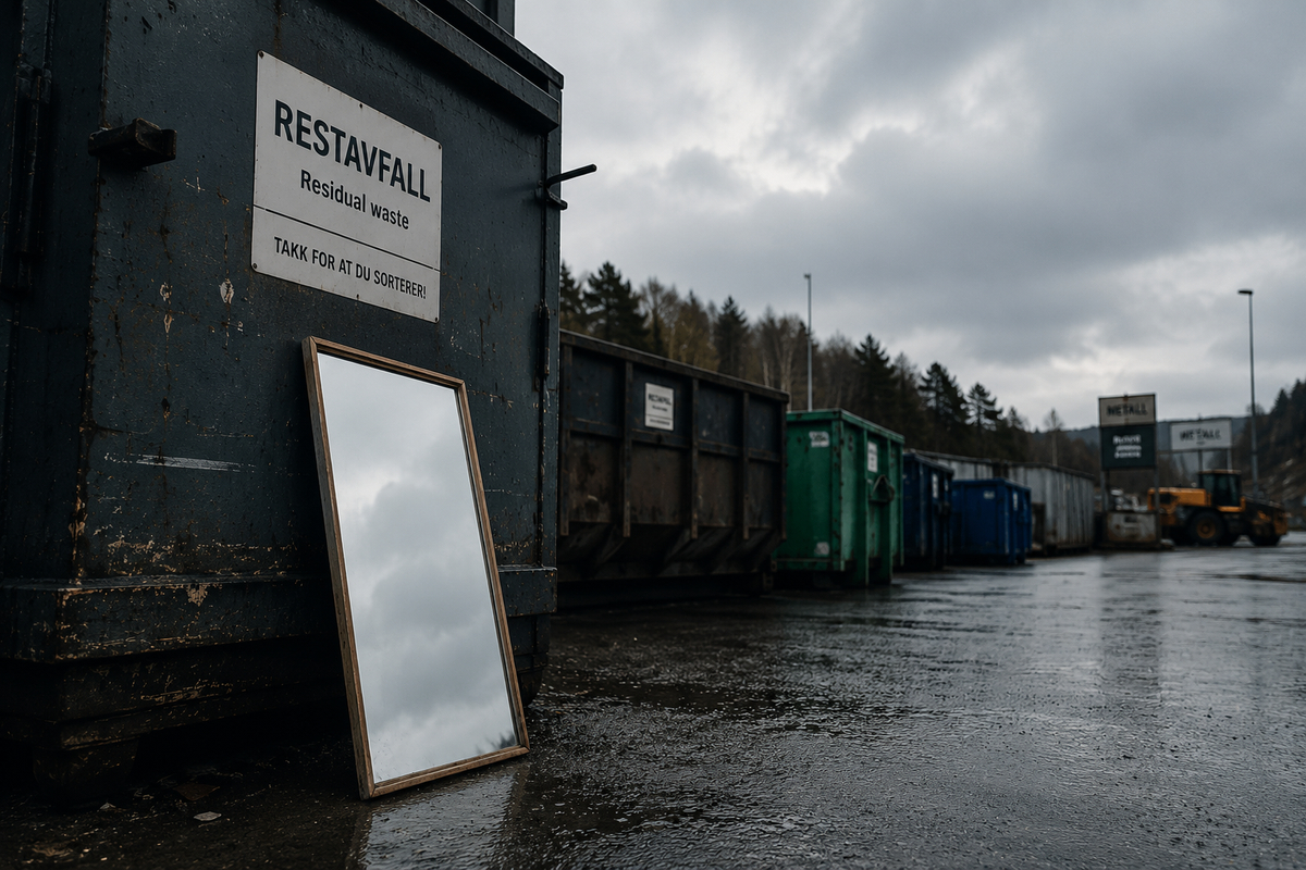A small wooden-framed mirror leaning against a residual waste container at a Norwegian recycling centre under an overcast sky.