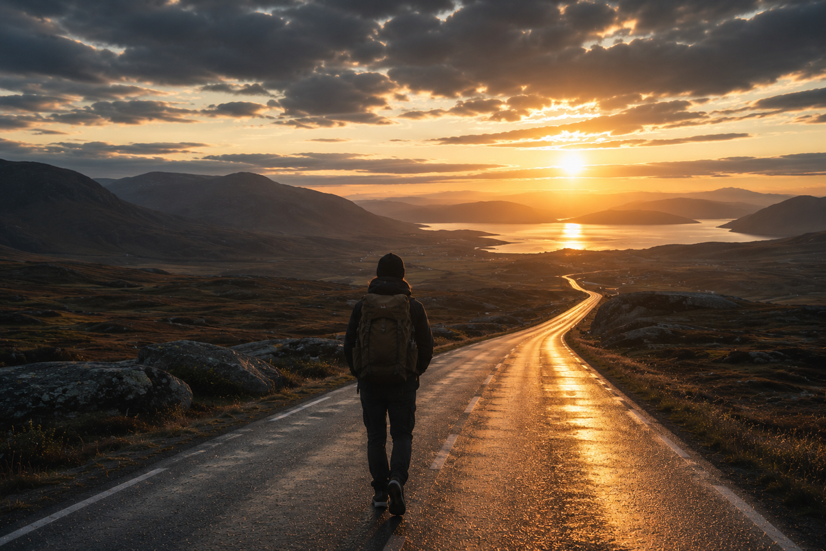 A lone traveller with a backpack walks along a wet road at sunset, overlooking a broad mountain landscape and distant water beneath dramatic clouds.