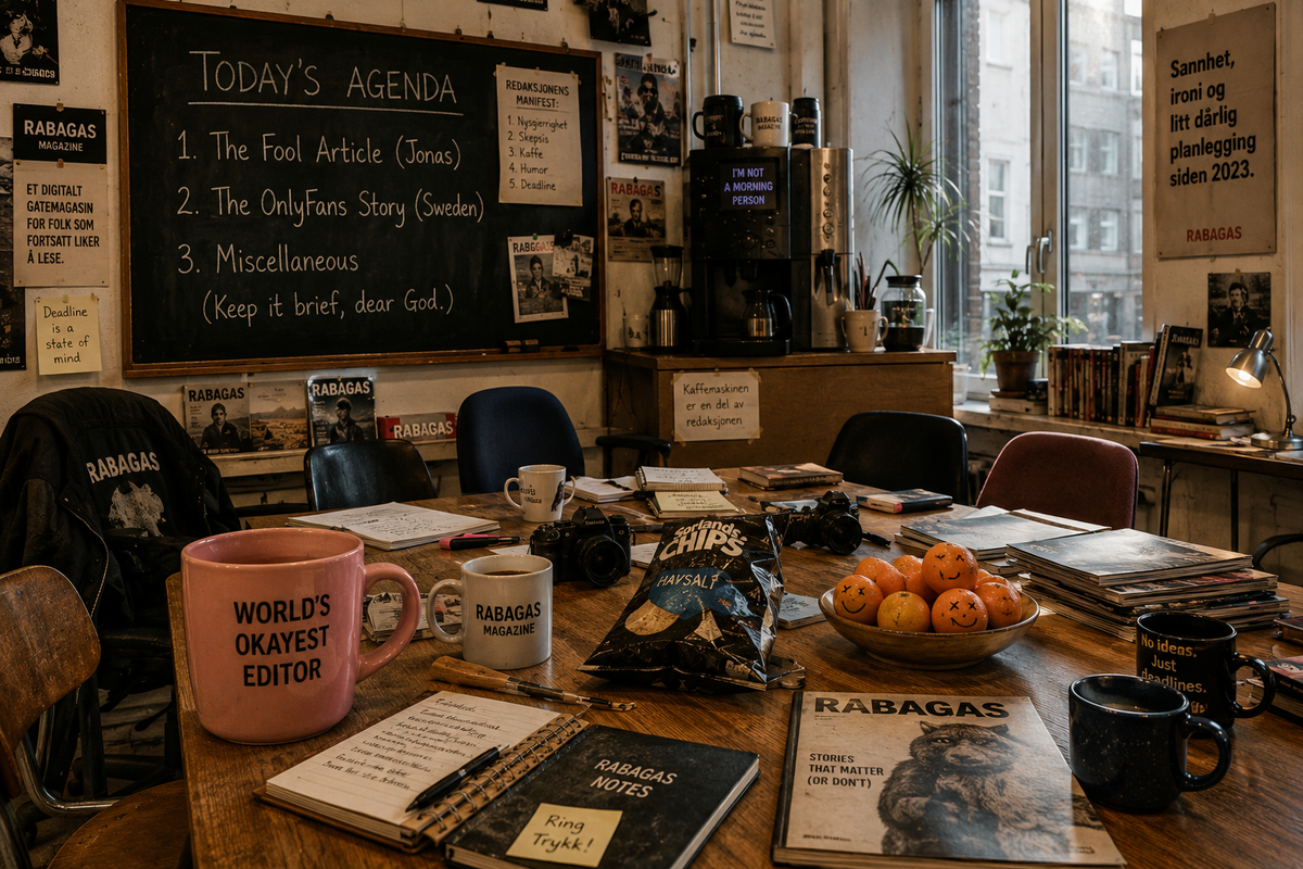 A slightly cluttered editorial meeting room with a chalkboard agenda, coffee mugs, notebooks and an oversized pink mug, illuminated by soft Monday morning light.