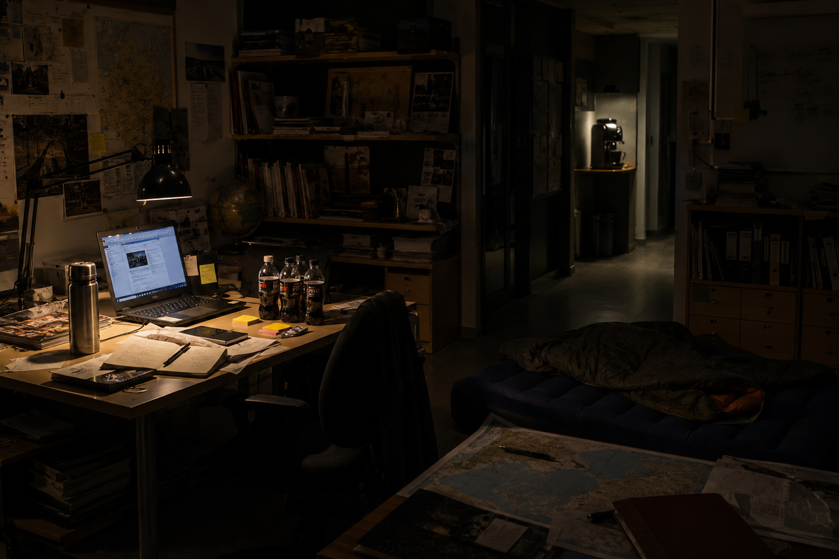 A warmly lit newsroom late at night with a desk full of research materials, an air mattress in the corner and a coffee machine visible in a dimly lit corridor.