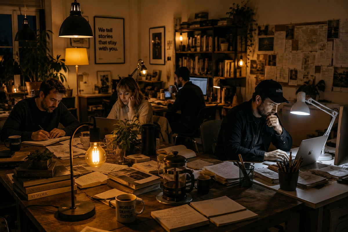 A warmly lit editorial office where one workstation remains illuminated by a bright LED desk lamp, contrasting with the rest of the room.