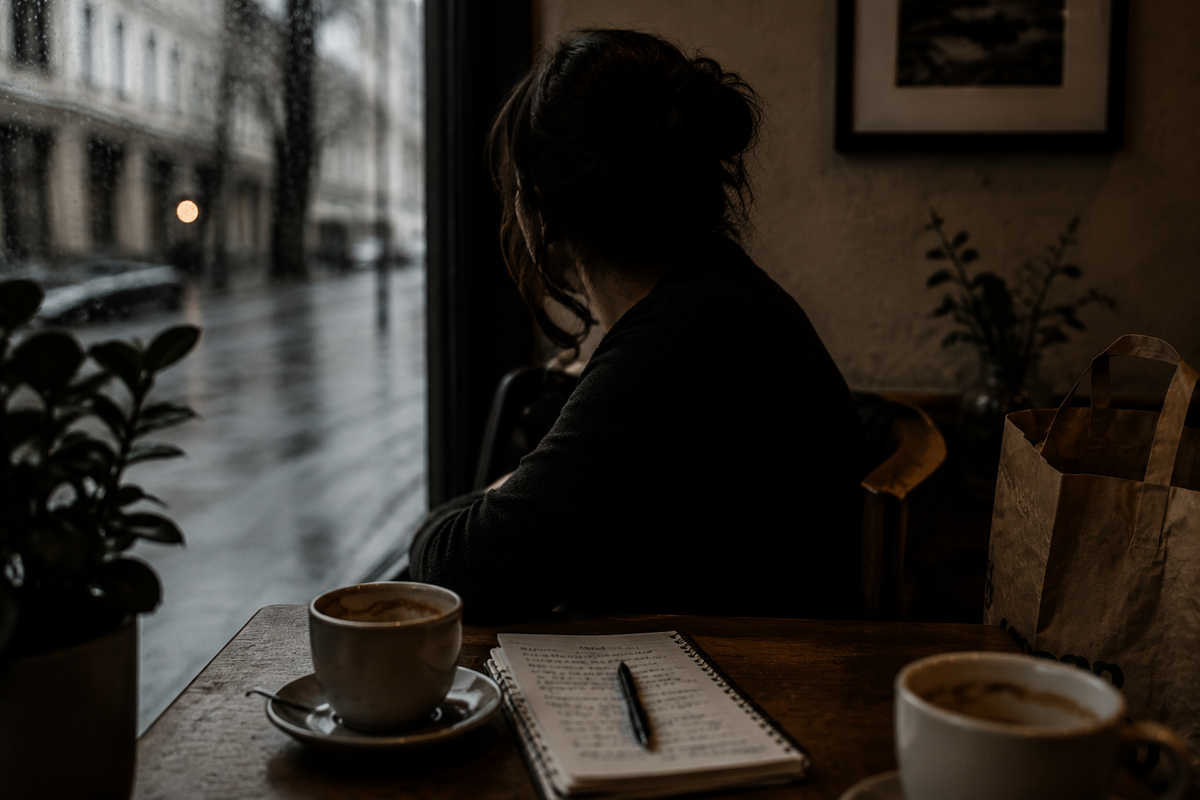 A woman sitting in a quiet Scandinavian café with coffee and a notebook during an interview.