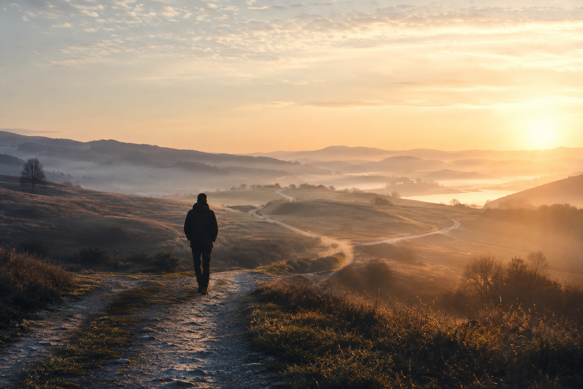 A solitary person walking through a quiet landscape at dawn, symbolising reflection, understanding, and a new perspective.