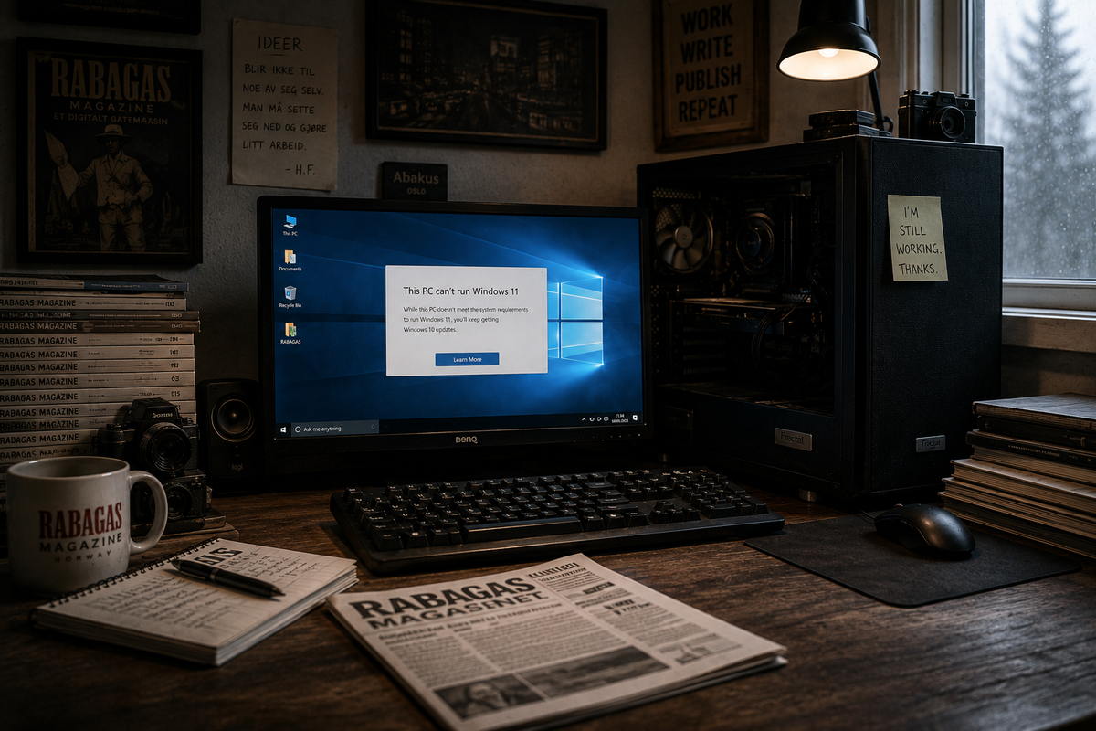 An aging desktop PC on a cluttered writer’s desk, with a Windows 11 compatibility warning on the monitor. Notebooks, cameras, RABAGAS Magazine, and a coffee mug surround the computer in a dim