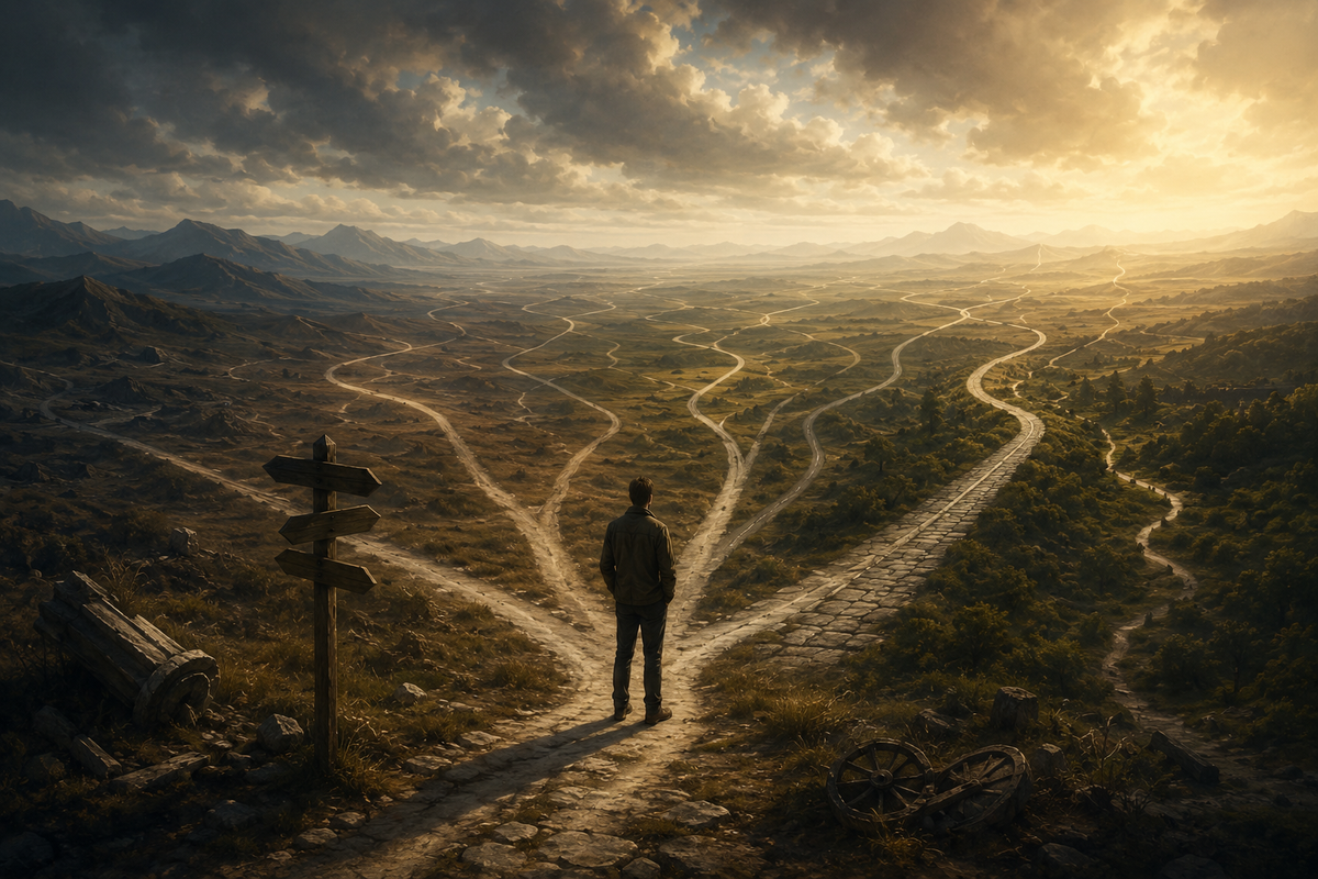 A lone person stands at a crossroads overlooking a vast landscape filled with countless winding roads and paths. Some are modern and paved, others are old, broken or fading into the landscape