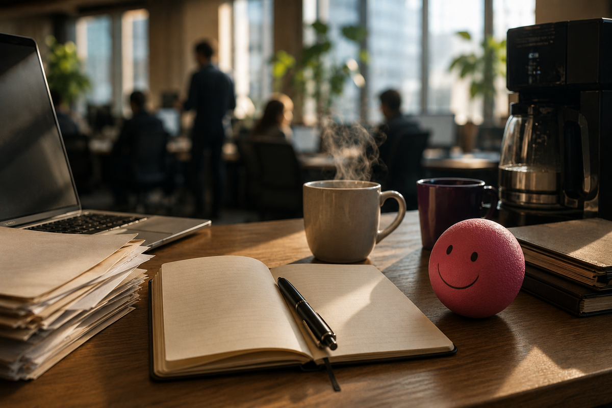 A warmly lit editorial office with an open notebook, papers, coffee cups, a coffee machine and a pink bouncy ball on a wooden desk, with the newsroom blurred in the background.