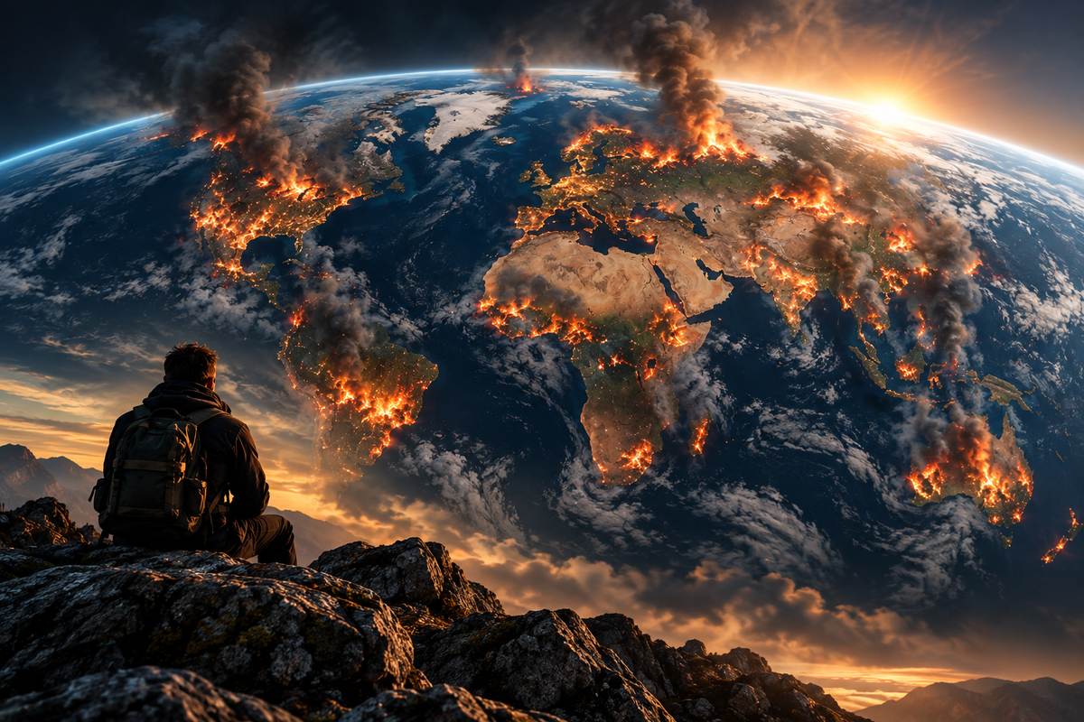 Multiple wildfire hotspots and large plumes of smoke are visible across North and South America, Europe, Africa, Asia and Australia, with sunlight illuminating the planet's horizon.