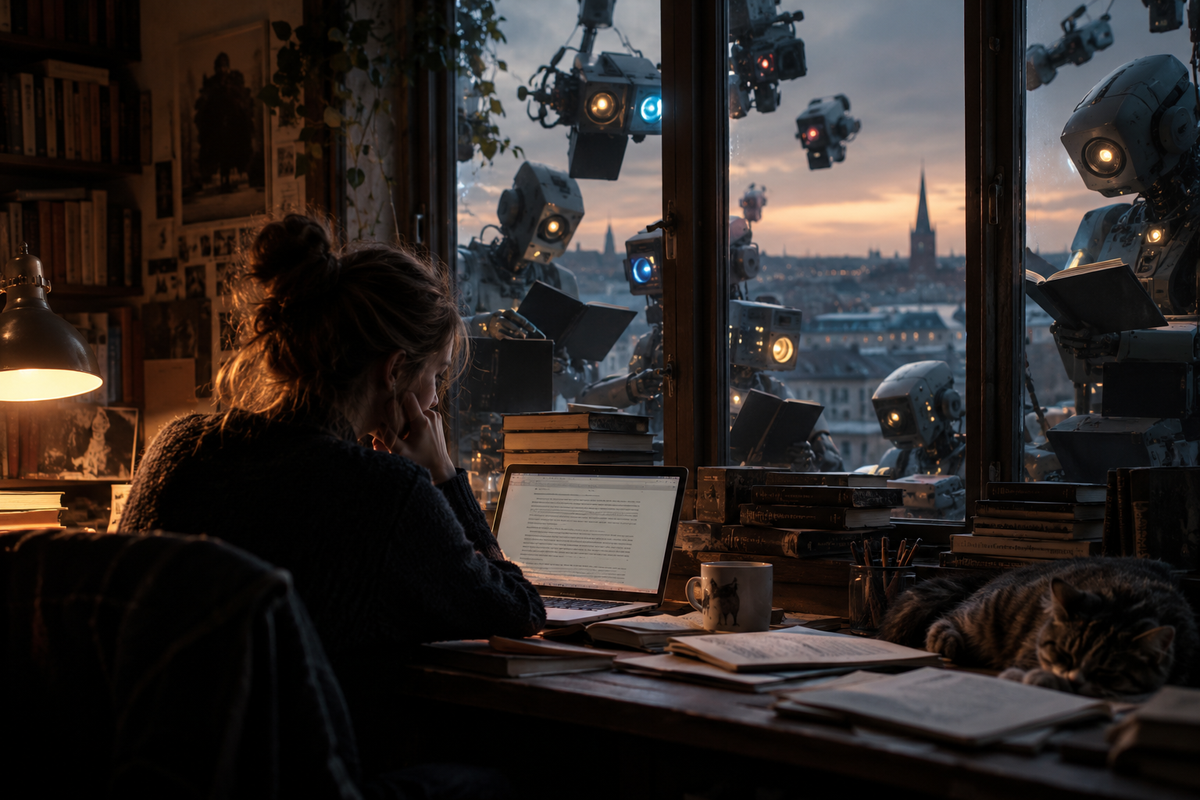 A person sits at a desk in a warm, dimly lit study, working on a laptop. Outside the window, several futuristic robots and drones look in, some holding books.