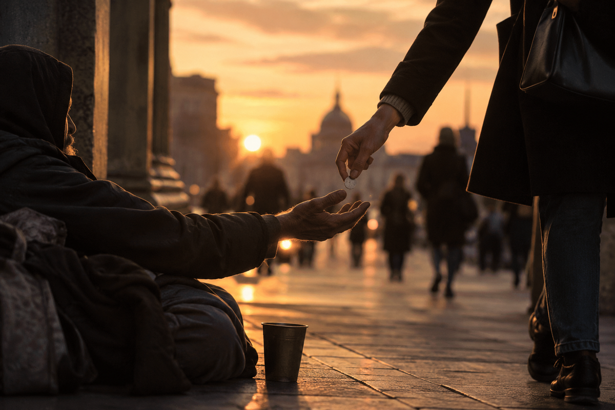 A passerby drops a coin into the outstretched hand of a seated person on a city street at sunset.