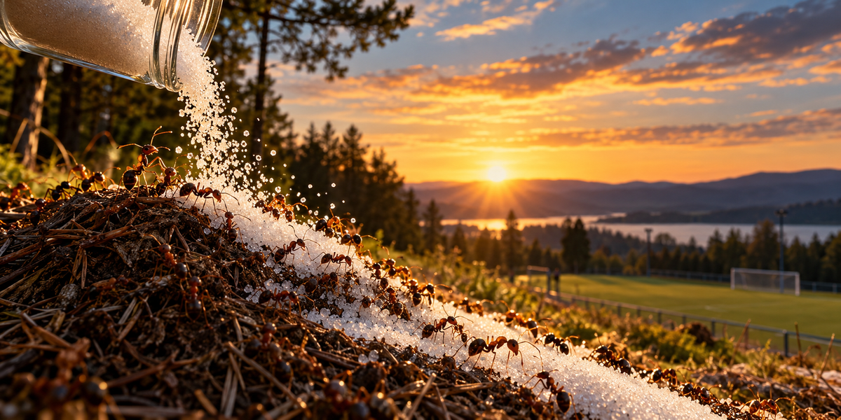 Red wood ants gather on a forest anthill as white sugar pours from a glass jar. In the background, a football pitch lies beneath a golden sunset over a wooded landscape.