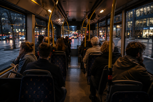 Passengers sit quietly inside a city bus at dusk, travelling through the city while the driver's seat remains out of view.