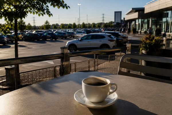 A white cup of black coffee sits on an outdoor café table overlooking a shopping centre car park on a sunny afternoon.
