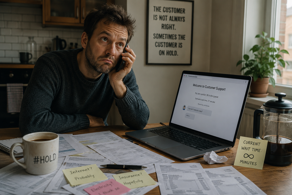 A frustrated person sits at a kitchen table surrounded by paperwork while waiting on hold with customer service.