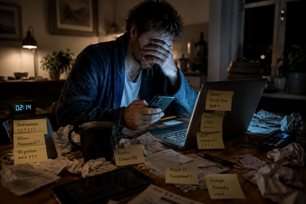 A tired person sitting at a kitchen table late at night, surrounded by receipts, a laptop, and a smartphone while trying to log into an online account.