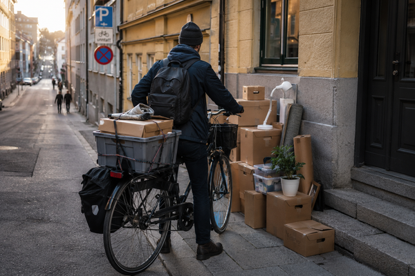 A person standing beside a bicycle loaded with moving boxes outside an apartment building, preparing to move into a new home