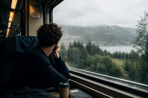 A traveler looking out of a large train window during a rainy journey through a Scandinavian landscape.