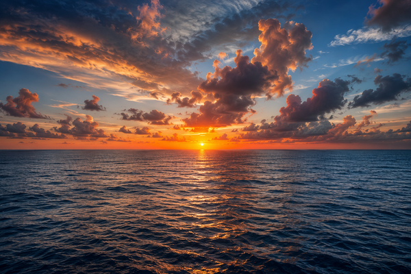 A vast view of the Pacific Ocean at sunrise with gentle waves beneath dramatic cloud formations, symbolizing the global climate system.