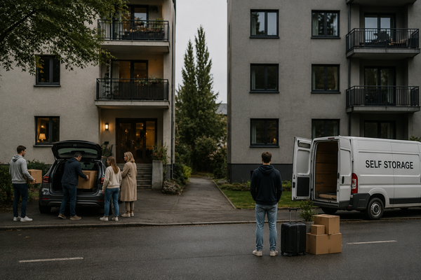 Two young adults moving home under very different circumstances—one surrounded by family, the other standing alone beside moving boxes.
