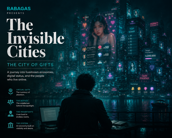 A dark turquoise cyberpunk-style digital city representing a livestream economy, with virtual gifts, online profiles, rankings