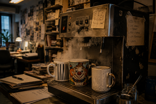 A well-worn office coffee machine surrounded by mugs and drifting steam in a cozy newsroom late in the day.