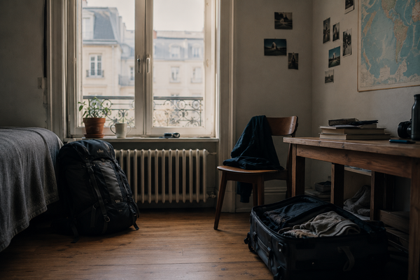 A quiet room with an open suitcase, a backpack on the floor, and soft daylight through a window, suggesting someone who has not fully settled in.