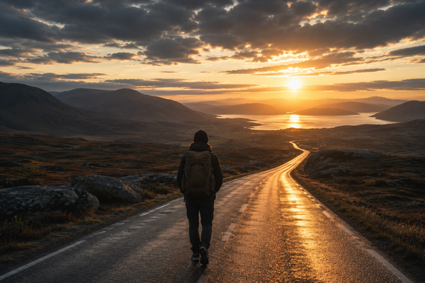 A lone traveller with a backpack walks along a wet road at sunset, overlooking a broad mountain landscape and distant water beneath dramatic clouds.