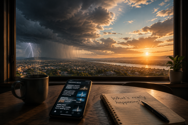 A person’s morning view of a world shaped by digital information, with a phone, coffee and a sky divided between storm and sunlight.