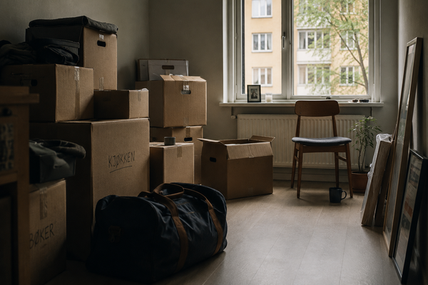A sparsely furnished room filled with moving boxes, bags, and a single chair beside a window, suggesting the uncertainty of an unfinished move.