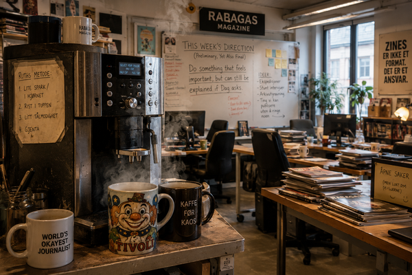 A quiet editorial office with a steaming coffee machine in the foreground, surrounded by desks, notebooks and magazines in the warm light of an early Tuesday morning.