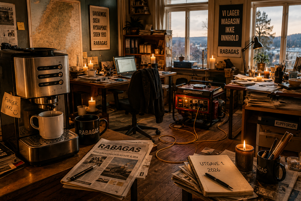 A candlelit independent newsroom during a power outage, featuring desks filled with editorial materials, a vintage coffee machine and a portable generator supplying emergency power.