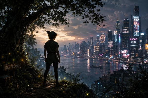 A lone figure resembling Peter Pan stands between an enchanted forest and a modern city skyline, symbolizing the tension between fantasy, adulthood and the digital world.