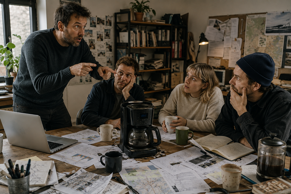 A journalist animatedly explains a scientific topic beside a broken coffee machine while colleagues look on with amused disbelief.