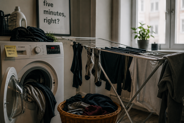 A drying rack filled with freshly washed clothes standing in a quiet apartment, with socks and shirts hanging neatly to dry.