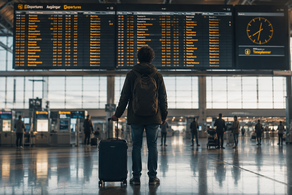 A solitary traveler with a suitcase stands beneath an international departures board inside a quiet airport terminal.