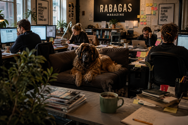 The RABAGAS newsroom with writers at work, a Leonberger resting on a sofa, and a green coffee mug in the foreground.