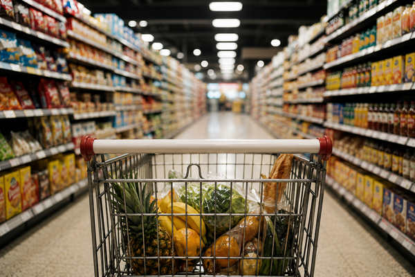 A shopping trolley stands in the middle of a brightly lit supermarket aisle, surrounded by shelves of groceries, with the words “Welcome to the Kingdom of Light and Lies” displayed above it.
