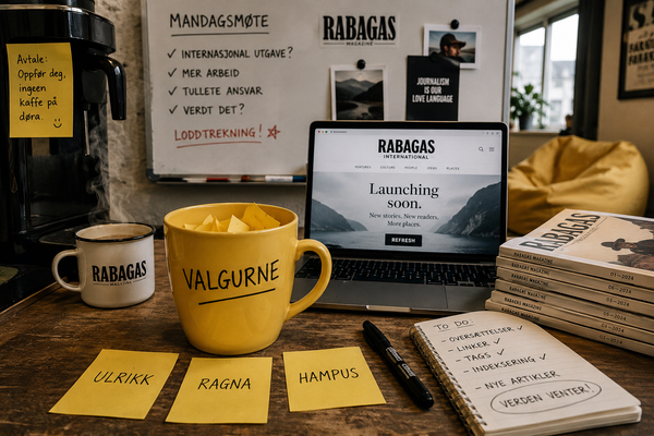 Laptop displaying the RABAGAS International website beside a yellow coffee mug used for a staff lottery.