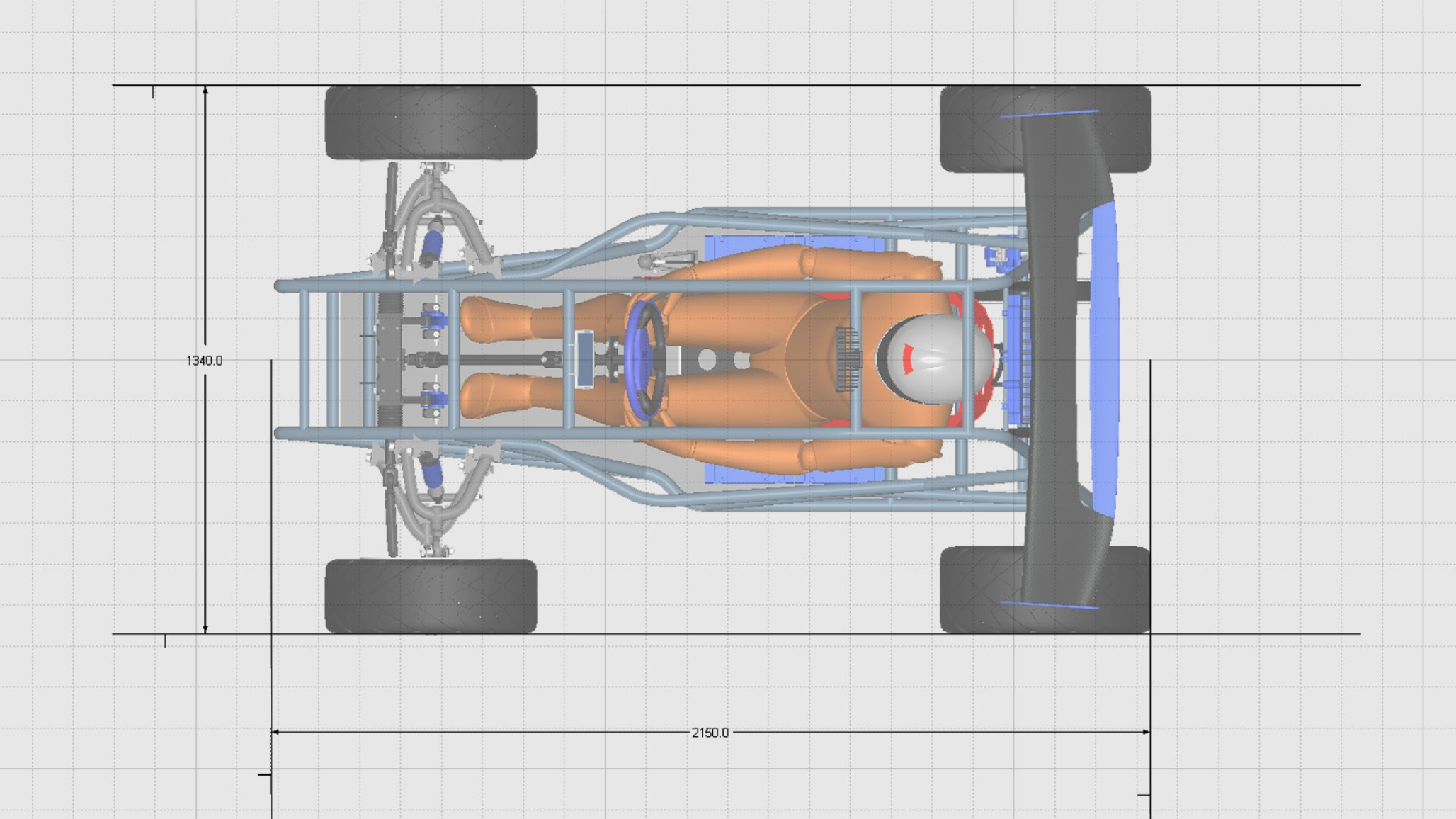 Side‑view early dimension study of the E23 electric buggy showing driver posture, wheelbase, overall length, ride height and major packaging constraints.