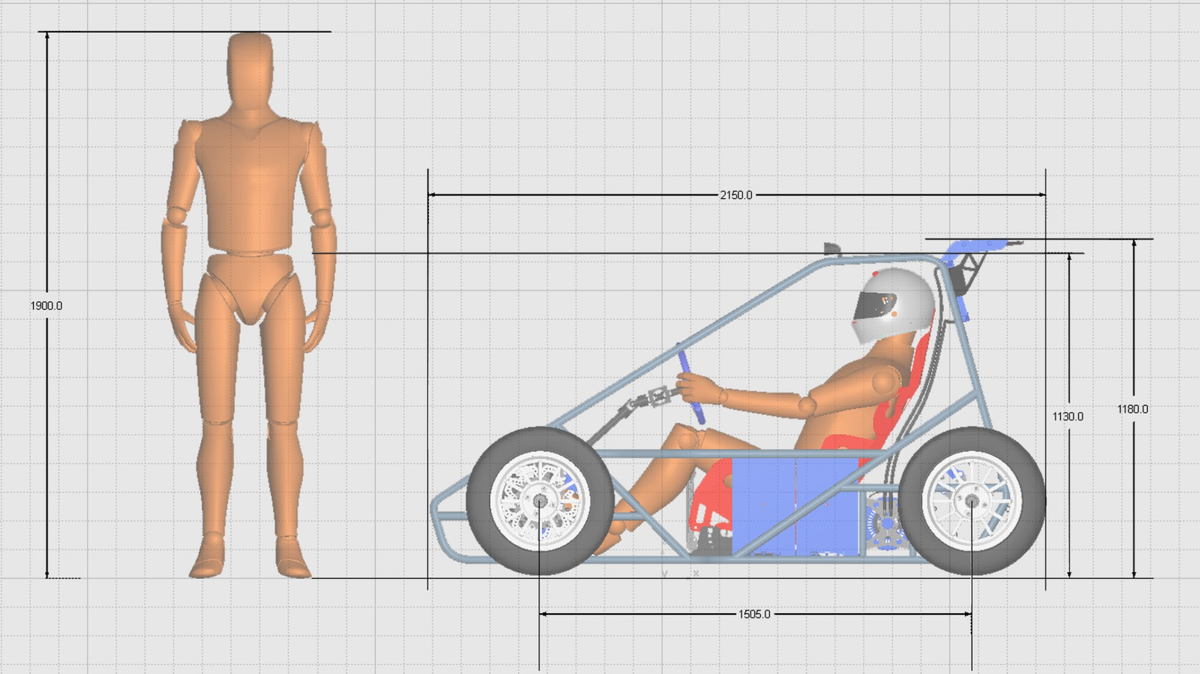 Side‑view early dimension study of the E23 electric buggy showing driver posture, wheelbase, ride height, and packaging constraints.