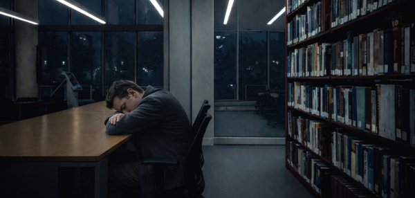 Hombre durmiendo en una biblioteca