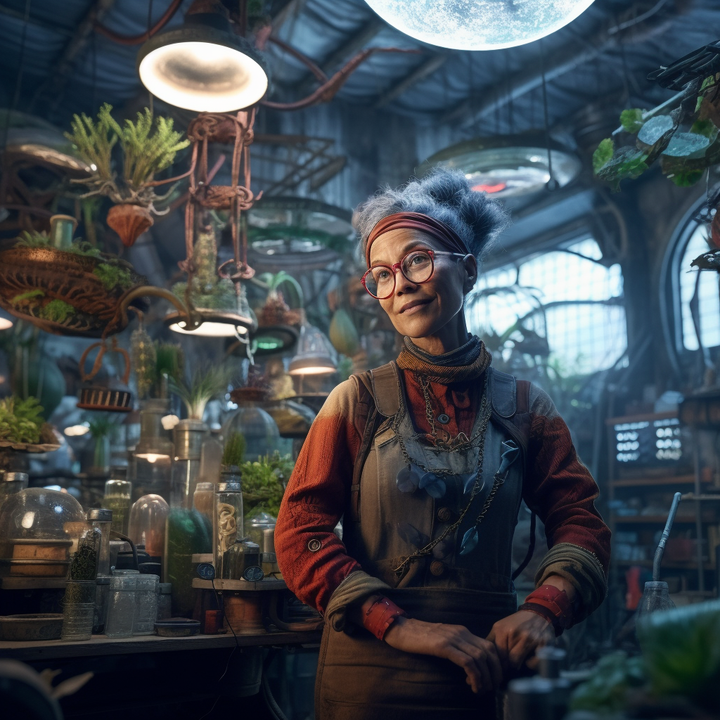 Scientist in the middle of their biomimicry lab. Created with Midjourney.