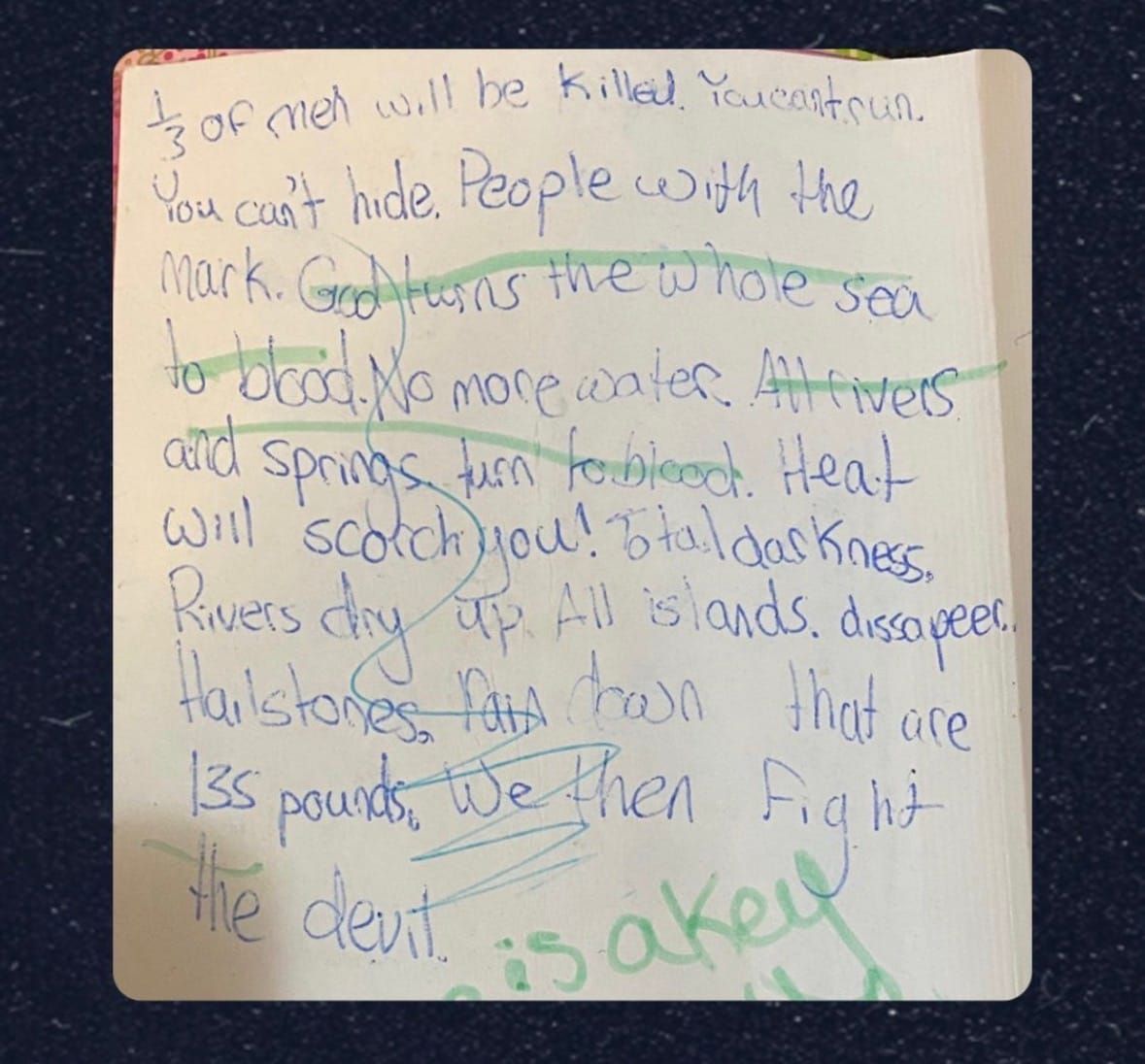 childhood bible note listing rapture disasters, handwritten in blue pen with misspellings.