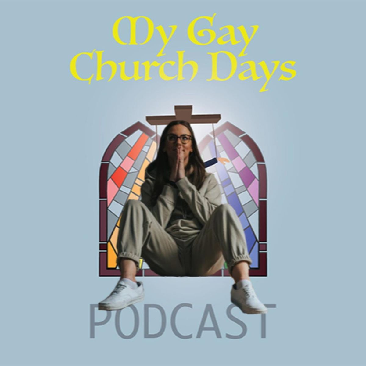 podcast cover for ‘my gay church days’ featuring tot sitting in front of a stained glass window.