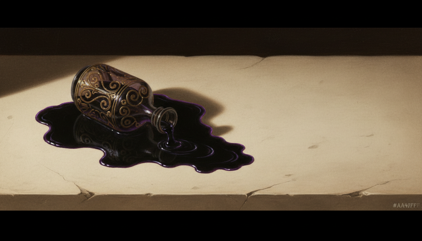 A vessel tipped on its side, dark liquid spilling onto stone — the choice to stop. Featured image for a Quranic essay on alcohol and the 4-stage protocol for addiction recovery.