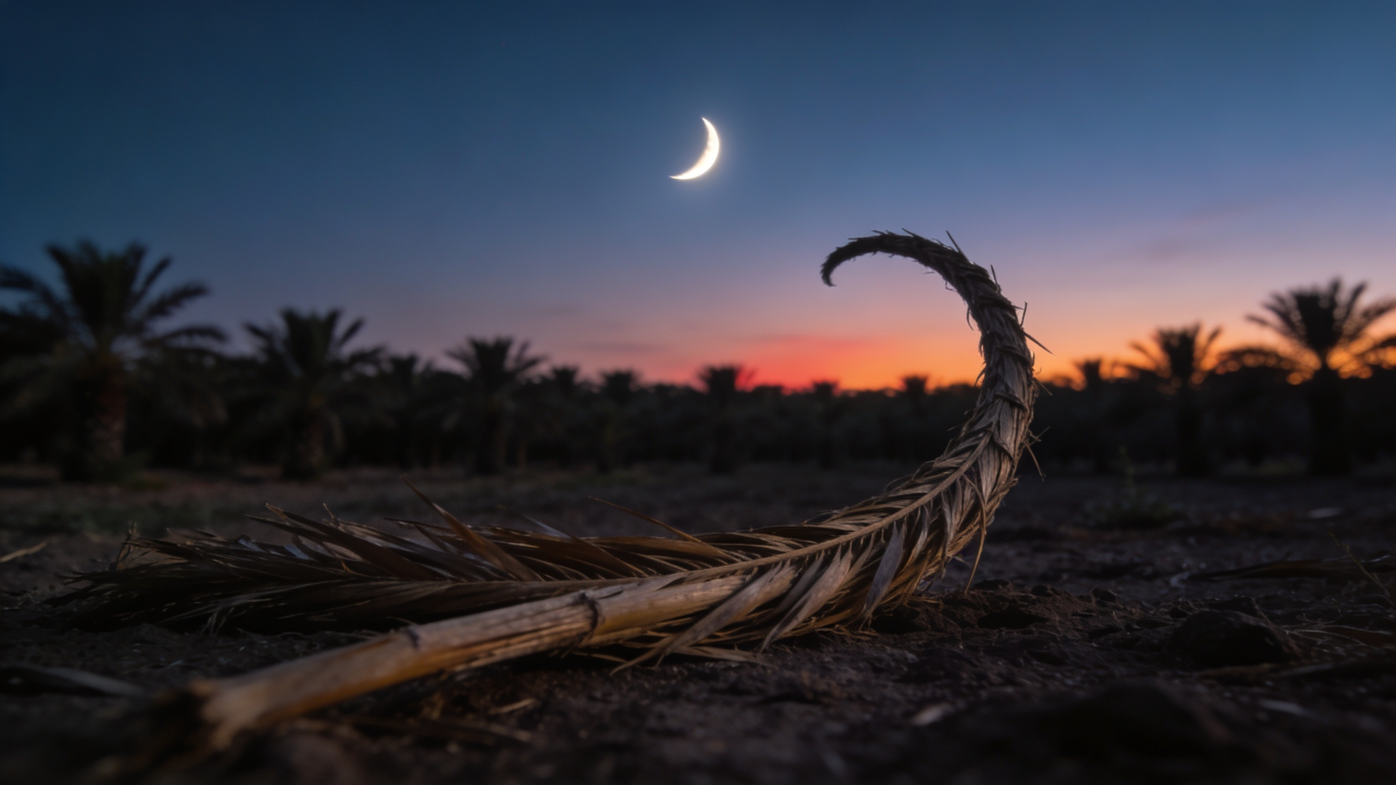 A curved dried date palm stalk lying on the earth at pre-dawn.